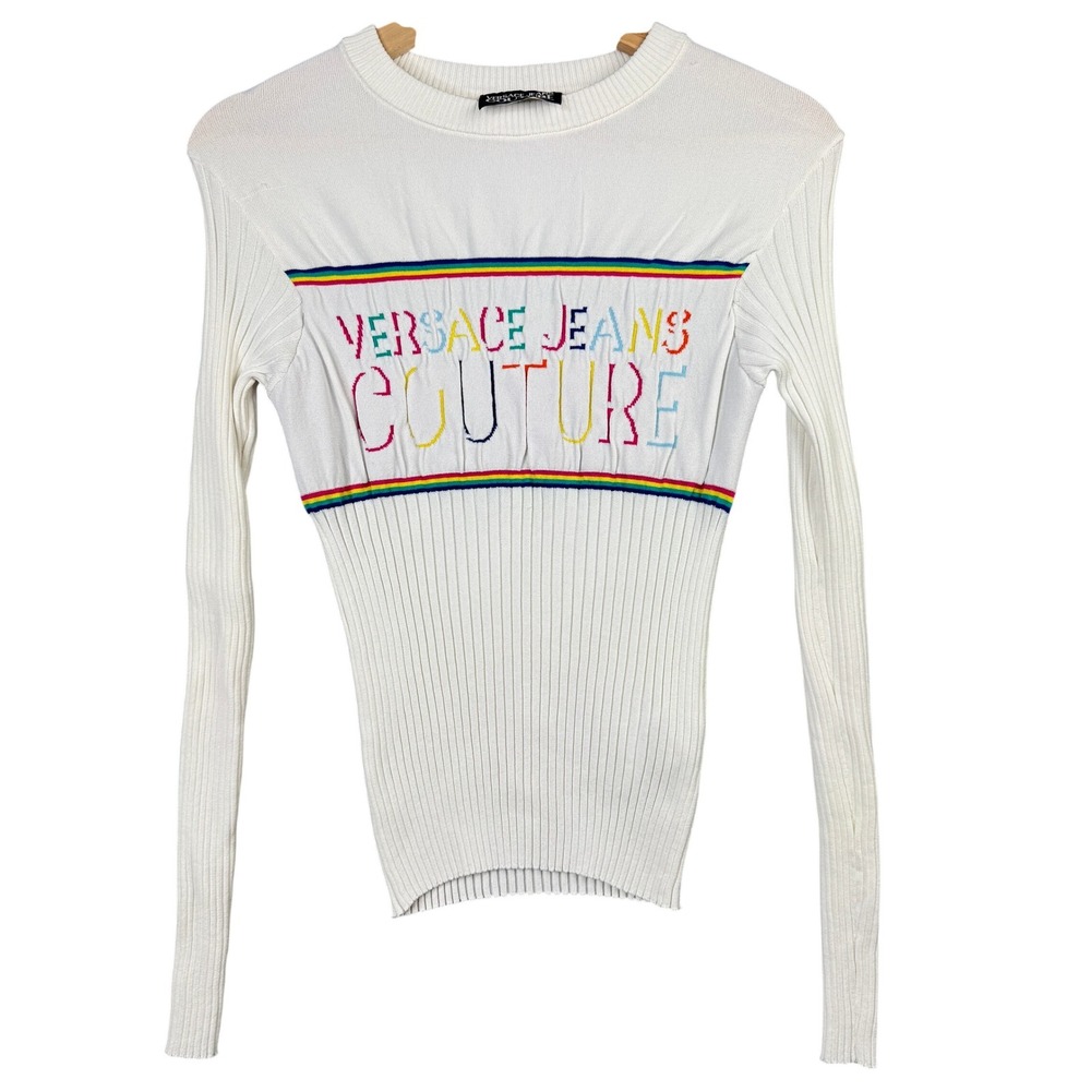 Versace Jeans Couture White Ribbed Knit Rainbow Logo Long Sleeve Top Small